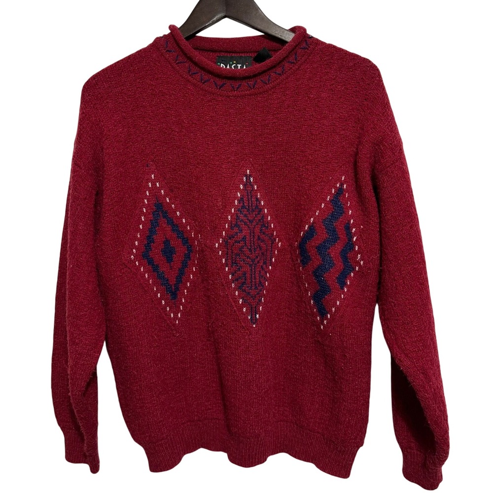 Pasta Sweater Mens Medium Red Vintage Geometric Diamond Knit Pullover